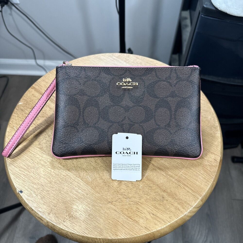 Coach Signature Canvas Khaki Brown Pink Large Corner Zip Wristlet F58695 - Picture 1 of 7